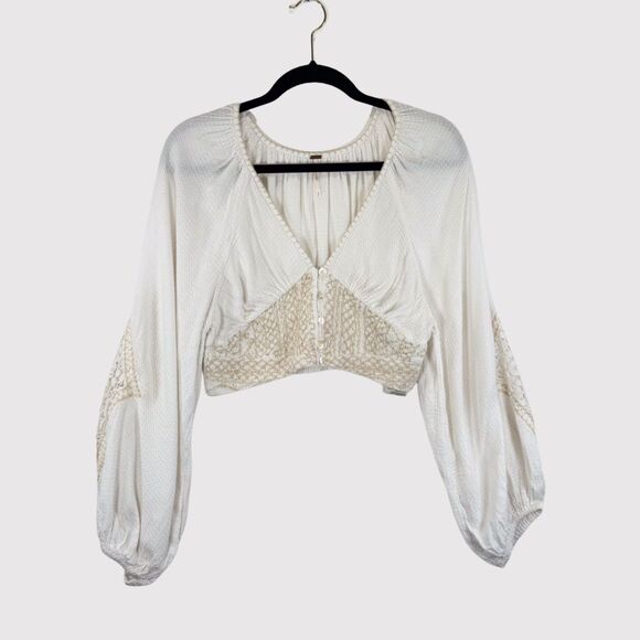 Free People Womens Top White Southwest Lace V Neck Cropped Blouse Boho Medium - Picture 2 of 10
